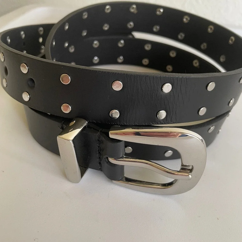 Black Leather Double Studded Belt Punk Goth Retro Rock Gothic XL 38-41 inch